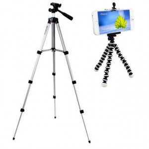 Pachet Trepied foto telescopic Weifeng WT-3110A universal 35-102 cm, husa inclusa + Trepied flexibil cu suport pentru telefon mobil sau aparat foto, Pufo