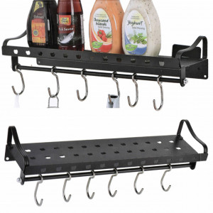 Raft metalic multifunctional cu suport si 6 cuiere pentru condimente si ustensile de bucatarie, 40 cm, negru