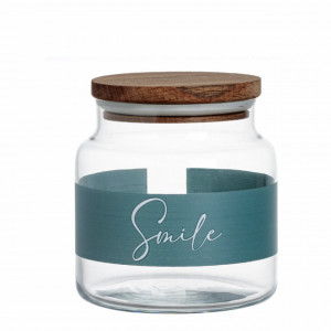 Recipient din sticla borosilicata Pufo cu mesaj pozitiv Smile, capac ermetic din lemn, 600 ml