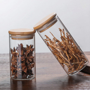 Recipient din sticla borosilicata Pufo Flavour pentru zahar, cafea, ceai sau condimente, cu capac ermetic din bambus, 750 ml