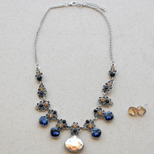 Set colier statement si cercei cu cristale bleumarin, Blue touch