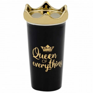 Cana de cafea Queen of everything, cu capac, neagra, 450 ml