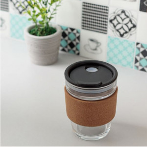Cana de voiaj Pufo din sticla cu protectie termica de pluta pentru cafea sau ceai, 300 ml, transparent