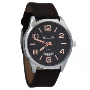 Ceas barbatesc MATTEO FERARI casual-elegant, design italian, afisare data, negru, cadran argintiu, curea maro