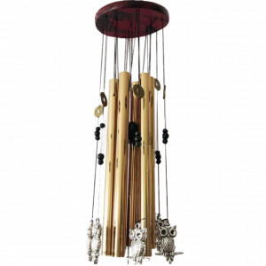 Clopotel de vant cu 6 tuburi sonore metalice aurii pentru casa sau gradina, model Feng-Shui cu 6 bufnite si monede