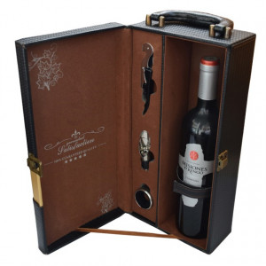Cutie cadou tip cufar pentru vin, model Premium cu maner si accesorii incluse, negru