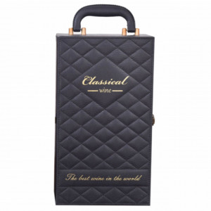 Cutie caseta eleganta cu 2 compartimente pentru sticle de vin, model Premium cu maner si 4 accesorii incluse, negru