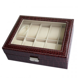 Cutie caseta eleganta depozitare cu compartimente pentru 10 ceasuri, imprimeu crocodil, model Premium cu cheita, visiniu, Pufo