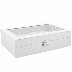 Cutie caseta eleganta depozitare cu compartimente pentru 12 ceasuri, model Premium cu cheita, alb, Pufo