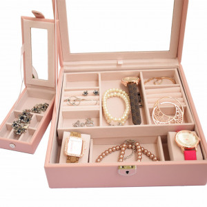 Cutie caseta eleganta Pufo Glamour cu oglinda pentru depozitare si organizare bijuterii, roz