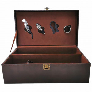 Cutie eleganta cu 2 compartimente pentru sticle de vin, model Pufo Luxury cu maner si 4 accesorii incluse, maro