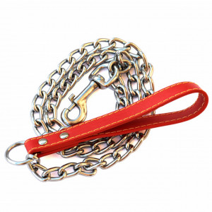 Lesa Pufo pentru caini de talie mare din lant cromat 4 mm x 120 cm, rezistent, maner piele, Argintiu/Rosu