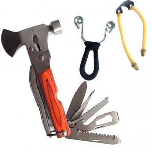 Pachet briceag toporisca multifunctionala pentru camping + prastie metalica de buzunar cu cauciuc natural, latex, rezistent