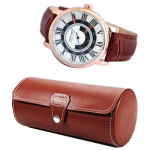 Pachet cutie caseta depozitare si transport din piele ecologica pentru 3 ceasuri + 1 ceas barbatesc elegant DEEP RED, cifre romane, curea maro, Pufo