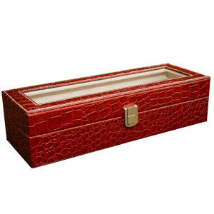Pachet cutie caseta eleganta depozitare cu compartimente pentru 6 ceasuri, imprimeu crocodil, rosu + 1 ceas elegant de dama Rebirth