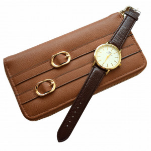 Pachet portofel elegant de dama cu fermoar, maro + ceas elegant de dama slim, model clasic, curea maro