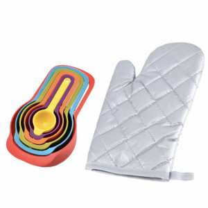 Set 6 cupe masurare ingrediente + Manusa de bucatarie Pufo Grey pentru gratar sau cuptor, termorezistenta