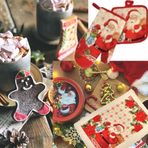Set bucatarie 3 piese cu prosop 40x60 cm, manusa bucatarie si suport vase fierbinti, model Pufo Santa