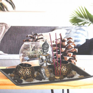 Set suport Pufo pentru bete parfumate si lumanare cu statueta Buddha, 29 x 15 cm