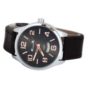 Ceas barbatesc MATTEO FERARI casual-elegant, design italian, afisare data, negru, cadran argintiu, curea maro