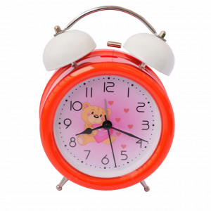 Ceas de masa desteptator pentru copii Pufo Joy, cu buton de iluminare cadran, 16 cm, model Bear in Love, rosu