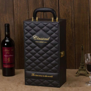 Cutie caseta eleganta cu 2 compartimente pentru sticle de vin, model Premium cu maner si 4 accesorii incluse, negru