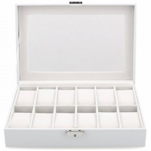 Cutie caseta eleganta depozitare cu compartimente pentru 12 ceasuri, model Premium cu cheita, alb, Pufo