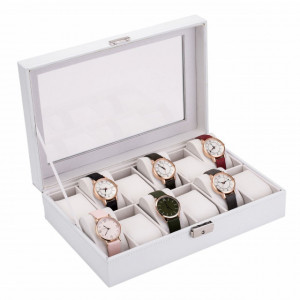 Cutie caseta eleganta depozitare cu compartimente pentru 12 ceasuri, model Premium cu cheita, alb, Pufo