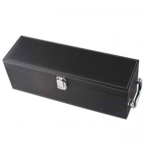 Cutie caseta eleganta pentru sticla, cu maner si set de 4 accesorii pentru vin incluse, model clasic, negru, Pufo