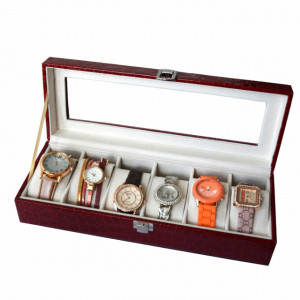 Oferta! Caseta eleganta depozitare cu compartimente pentru 6 ceasuri, imprimeu crocodil rosu + 6 ceasuri de dama