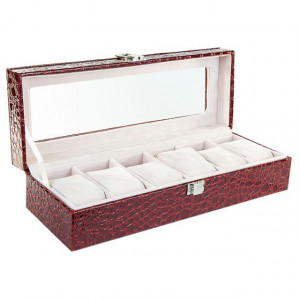 Pachet cutie caseta eleganta depozitare cu compartimente pentru 6 ceasuri, imprimeu crocodil, rosu + 1 ceas elegant de dama Rebirth