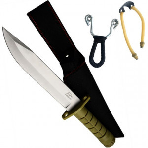 Pachet cutit baioneta 33 cm cu maner ergonomic din ABS texturat, teaca din material textil + prastie metalica de buzunar cu cauciuc natural, latex, rezistent
