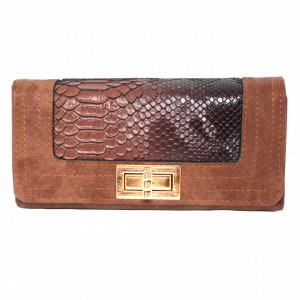 Portofel elegant de dama maro inchis cu imprimeu tip crocodil