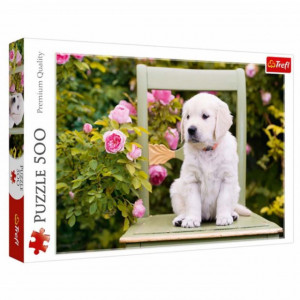Puzzle modern Catelusul alb lenes pe scaun 500 piese, model Premium