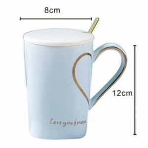 Cana cu capac din ceramica si lingurita Pufo Love you Sweetheart pentru cafea sau ceai, 350 ml, albastru