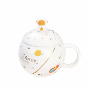 Cana cu capac tip ceainic din ceramica si lingurita Pufo Travel the World pentru cafea sau ceai, 400 ml, alb
