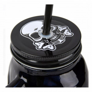 Cana Pufo din sticla in forma de craniu cu pai si capac pentru cocktail sau bauturi racoritoare, 400 ml, negru