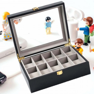 Cutie caseta din lemn pentru depozitare si organizare 10 ceasuri, model Pufo Premium, negru