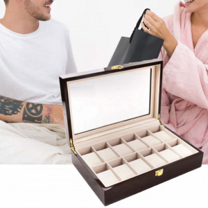 Cutie caseta din lemn pentru depozitare si organizare 12 ceasuri, model Pufo Premium, maro inchis