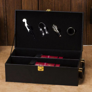 Cutie caseta eleganta cu 2 compartimente pentru sticle de vin, model Premium cu maner si 4 accesorii incluse, negru