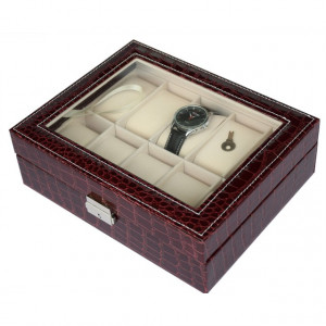 Cutie caseta eleganta depozitare cu compartimente pentru 10 ceasuri, imprimeu crocodil, model Premium cu cheita, visiniu, Pufo