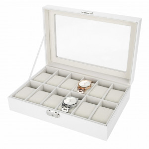 Cutie caseta eleganta depozitare cu compartimente pentru 12 ceasuri, model Premium cu cheita, alb, Pufo