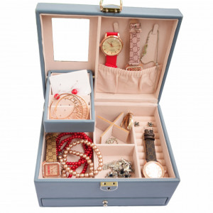 Cutie eleganta de dama Pufo Glamour pentru depozitare si organizare bijuterii si accesorii, model etajat, albastru