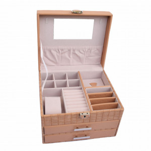 Cutie eleganta de dama Pufo Glamour pentru depozitare si organizare bijuterii si accesorii, model supraetajat, maro