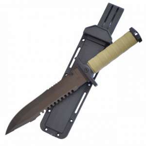 Cutit baioneta 34.5 cm Army Style cu zimti, maner ergonomic cauciucat, teaca inclusa
