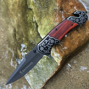 Cutit briceag de buzunar Browning 22 cm, model Elite force cu dispozitiv taiat centuri si spart geamuri, maro/negru