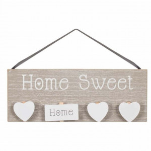 Decoratiune Pufo din lemn cu cleme pentru prins poze, model Home Sweet