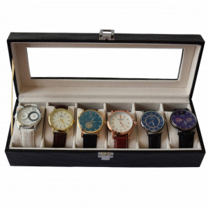 Oferta! Caseta eleganta depozitare cu compartimente pentru 6 ceasuri, imprimeu crocodil negru + 6 ceasuri barbatesti