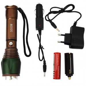 Pachet lanterna metalica 3W CREE LED, acumulator LiIon 18650 (6800 mAh) + cutit briceag Butterfly 22.5 cm, insertii lemn
