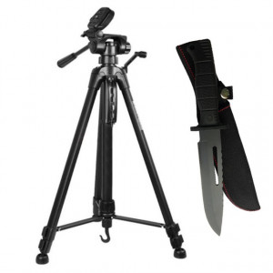 Pachet trepied foto telescopic Weifeng WT-3540 universal 61-157 cm + cutit de vanatoare 30 cm, negru cu teaca